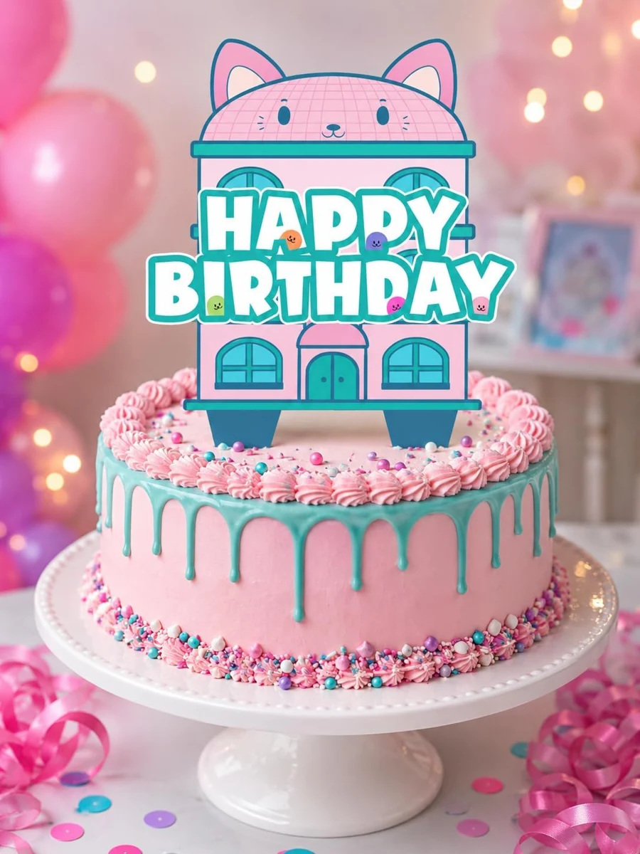 Pink Cat House cake topper on a pink birthday cake
